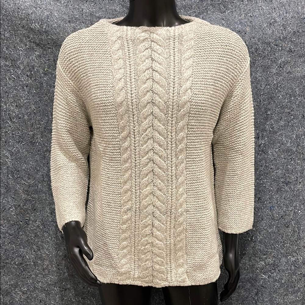 NEW J Jill WOMENS LARGE Gray Oatmeal Vineyard Tweed Cable Knit Pull-On Sweater